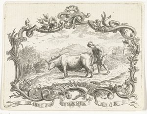 Bauer pflügt ein Feld mit zwei Ochsen, in Kartusche von Abraham Delfos