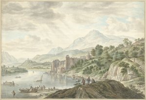 Hügellandschaft mit einem Schloss an einem Fluss von Abraham Delfos