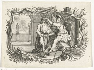 Minerva belohnt oder ehrt einen Mann für seine Arbeit, in Kartusche von Abraham Delfos