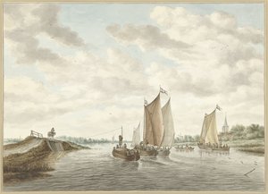 Flusslandschaft mit verschiedenen Booten von Abraham Delfos