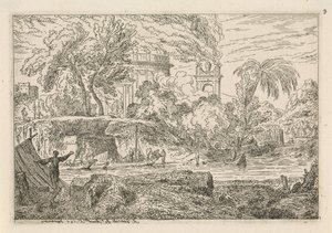 Arkadische Landschaft mit Triumphbogen