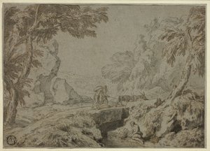Landschaft mit Satyr, Ziegen und anderen Figuren von Abraham Genoels II