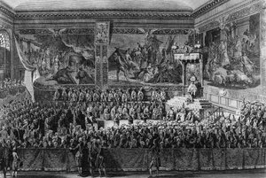 Erste Französische Revolution: Bett der Gerechtigkeit in Versailles am 6. August 1787 durch den König von Frankreich Ludwig XVI. (Zeichnung und Gravur) von Abraham Girardet