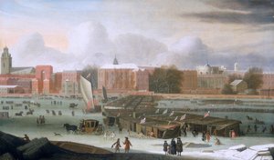 Ein Frostjahrmarkt auf der Themse bei Temple Stairs, ca. 1684 von Abraham Hondius