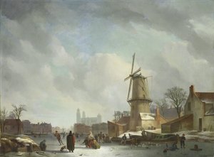 Herumtollen auf einem zugefrorenen Kanal in einer Stadt von Abraham Johannes Couwenberg