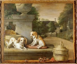 Zwei Hunde in einem Park, Hundekörbe und ein Landhaus von Abraham Lamberts Jacobsz van den Tempel
