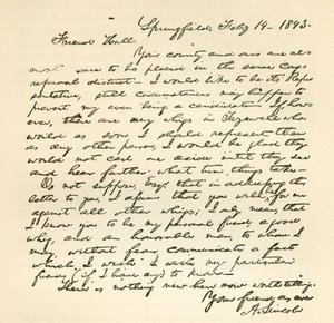 Brief von Abraham Lincoln an Alden Hall, datiert 14. Februar 1843