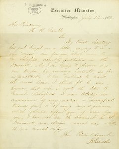 Brief unterschrieben A. Lincoln, Executive Mansion, Washington, an Seine Exzellenz, H.R. Gamble, 23. Juli 1863