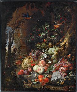 Blumen, Früchte, Vögel und Insekten in einer Landschaft mit Ruinen von Abraham Mignon