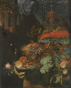 Stillleben mit Früchten und einem Stieglitz