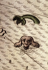 Ein Meeresmonster mit Hundekopf und Fischkörper. (Detail) einer Karte in „Theatrum Orbis Terrarum“ von Abraham Ortelius, Antwerpen 1584.