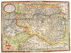 Austria Ducatus Chorographia Wolfgango Lazio Auctore Geographische Karte des Gebiets von Österreich mit der Donau und der Stadt Wien aus „Theatrum Orbis Terrarum“ von Abraham Ortelius (Oertel, Ortell oder Ortel) von Abraham Ortelius