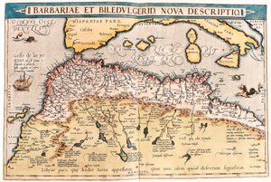 Barbariae und Biledulgerid, Nova Descriptio. Geographische Karte von Nordafrika aus „Theatrum Orbis Terrarum“ von Abraham Ortelius (Oertel, Ortell oder Ortel) von Abraham Ortelius