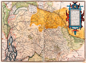 Brabantiae Germaniae Inferioris Nobilissimmae Provinciae Descriptio Geographiekarte des Territoriums südlich der Niederlande Germanic (Kempeland) aus „Theatrum Orbis Terrarum“ von Abraham Ortelius