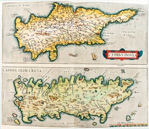 Cyprus Insula - Candia, ehemals Kreta. Geographische Karte der Mittelmeerinseln Zypern und Kreta in Griechenland aus 