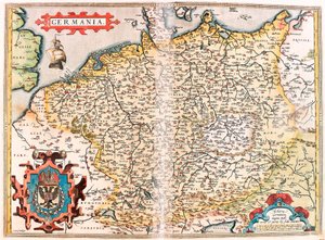 Germania Geographiekarte des Territoriums von Germania (Heiliges Römisches Reich) aus „Theatrum Orbis Terrarum“ von Abraham Ortelius von Abraham Ortelius