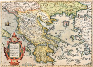 Geographie-Karte des Territoriums von Griechenland mit dem Peloponnes und den Inseln aus „Theatrum Orbis Terrarum“ von Abraham Ortelius