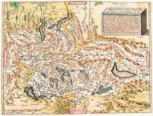 Helvetiae Descriptio Aegidio Tschudo Auct. Geografische Karte der Schweizer und französischen Alpen einschließlich Seen aus „Theatrum Orbis Terrarum“ von Abraham Ortelius von Abraham Ortelius