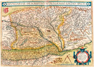 Hungarian Descriptio, Wolfgango Lazio Auct. Geographiekarte des Territoriums von Ungarn aus „Theatrum Orbis Terrarum“ von Abraham Ortelius von Abraham Ortelius