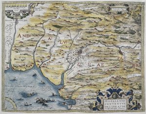 ORTELIUS, Abraham (1527-1598). Theatrum Orbis Terrarum. 1570. Es gilt als der erste moderne Atlas. CHAVES, Jeronimo de (1523-1574). Mathematiker, Astronom und Navigator. Karte von Westandalusien. Basierend auf der Karte von Hieronimus Chiaves (Jeronimo d von Abraham Ortelius