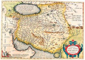 Persici sive Sophorum Regni Typus Geographiekarte des Territoriums der Arabischen Halbinsel aus „Theatrum Orbis Terrarum“ von Abraham Ortelius