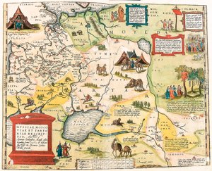 Russiae, Moscoviae und Tartariae descriptio. Auctore Antonio Ienkensono Anglo, edita Londini anno 1562 Geographische Karte des Gebiets von Russland aus „Theatrum Orbis Terrarum“ von Abraham Ortelius (Oertel, Ortell oder Ortel) von Abraham Ortelius