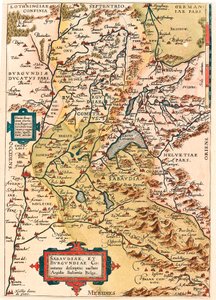 Sabaudia et Burgundiae Comitus description Geographische Karte des Territoriums von Burgund und Savoyen (Pontarlier, Dijon, Lac Leman und Schweiz) aus „Theatrum Orbis Terrarum“ von Abraham Ortelius (Oertel, Ortell oder Ortel) von Abraham Ortelius