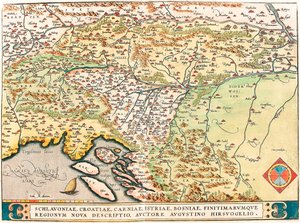 Schlavoniae, Croatiae, Carniae, Istriae, Bosniae, Finitimarumque Regionum Nova Descriptio, Auctore Augustino Hirsuogelio. Geographische Karte der Gebiete von Slawonien, Kroatien, Bosnien und Dalmatien aus „Theatrum Orbis Terrarum“ von Abraham Ortelius (Oer von Abraham Ortelius