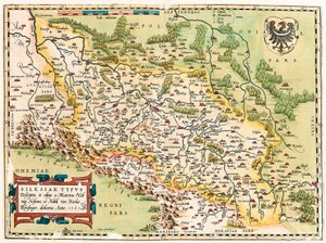 Silesia Typus Descriptio und Descriptus et editus Martino Heilwid Neilsense, und Nobili viro Nicolao Rhedinger dedicatus Anno 1561. Geographische Karte des Gebiets südlich von Frankfurt in Deutschland nahe Polen aus „Theatrum Orbis Terrarum“ von Abraham Or von Abraham Ortelius