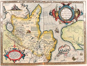 Tartariae Ssive Magni Chami Regni typus Geographische Karte des Tartar-Gebiets aus „Theatrum Orbis Terrarum“ von Abraham Ortelius (Oertel, Ortell oder Ortel) von Abraham Ortelius