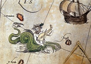 Triton spielt Laute in der Nähe der Insel Saint Brendan (Brandan). „Theatrum Orbis Terrarum“ von Abrahm Ortelius, Antwerpen 1584.