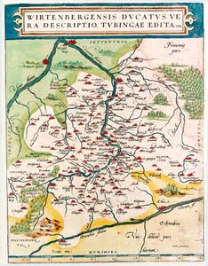 Wirtenbergensis Ducatus Vera descriptio, Tubingae edita 1558 Geographische Karte des Gebiets von Baden-Württemberg (Baden Württemberg) aus „Theatrum Orbis Terrarum“ von Abraham Ortelius (Oertel, Ortell oder Ortel) von Abraham Ortelius