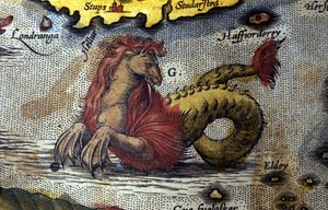 Darstellung eines Meeresmonsters halb Pferd, halb Seeschlange. Platte aus einer Ausgabe von „Theatrum Orbis Terrarum“ des Kartographen Abraham Ortelius (1527-1598)