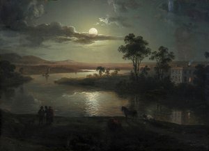 Abendszene mit Vollmond und Personen