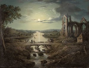 Mondscheinblick auf den Fluss Tweed mit der Melrose Abbey im Vordergrund und Figuren auf einer Brücke