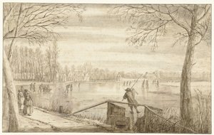 Schlittschuhläufer auf der Vecht, nahe Maarssen, mit den Anwesen von Daelwijck und Vechthoven in der Ferne von Abraham Rutgers
