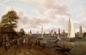 Eine Panoramaaussicht auf Amsterdam mit einer Barke und kleinen Schiffen auf dem Buiten-Amstel von Abraham Storck