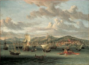 Niederländische Schiffe vor der Bucht von Smyrna mit einer Staatsbarke