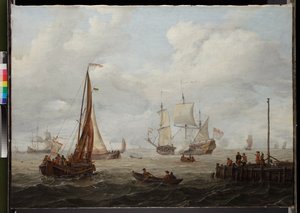 Seestück mit einem niederländischen Kriegsschiff, vor 1708 von Abraham Storck