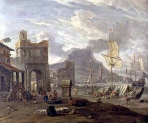 See Hafen mit großen und kleinen Schiffen von Abraham Storck