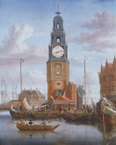 Ansicht des Haringspacker-Turms in Amsterdam, mit einer funktionierenden Uhr im Gemälde, 1684 von Abraham Storck