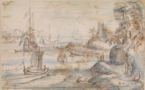 Küstenlandschaft mit mehreren Schiffen, eine hohe Küste mit mehreren Figuren von Abraham Willaerts
