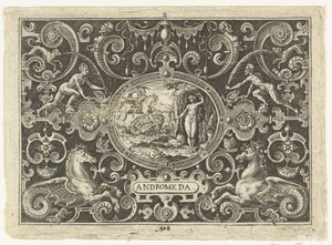 Cartouche: Perseus befreit Andromeda (Ovale cartouches mit voorstellingen uit het leven van Perseus in omlijsting van grotesken) von Abraham de Bruyn
