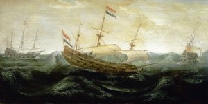 Ein niederländisches Schiff, das auf sehr stürmischer See segelt, mit reduzierten Segeln, in die der Wind hineinströmt. Öl auf Kupfer, um 1625, von Abraham de Verwer (um 1585-1650)