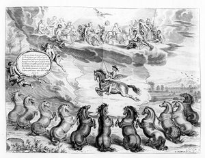 Der Marquis von Newcastle reitet auf Pegasus vor einer Versammlung der griechischen Götter und empfängt die Grüße irdischer Pferde, Illustration aus einem Reithandbuch des Marquis von Newcastle, veröffentlicht