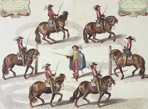 Der Marquis von Newcastle gibt Captain Mazin eine Reitstunde, Tafel 15 aus Die Methode und neue Erfindung der Pferdedressur von William Cavendish, graviert von Lucas Vo von Abraham van Diepenbeeck