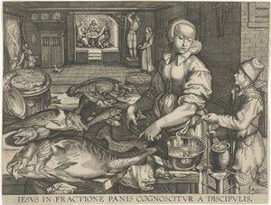 Küchenstück mit Frau, die Fisch säubert von Abraham van Lier