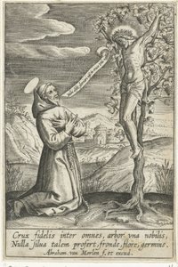 Kniender Heiliger vor Christus am Kreuz von Abraham van Merlen