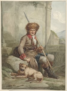 Sitzender Jäger mit Pelzmütze, Speer und Jagdtasche von Abraham van Strij (I)