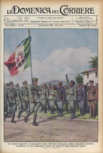 1935 Die Maschinengewehrschützen der Division Brennero marschieren vor dem Duce - DOMENICA DEL CORRIERE - Militärmanöver. Die Truppen marschieren vor Benito Mussolini „il Duce“ vorbei (Illustration von Achille Beltrame) von Achille Beltrame
